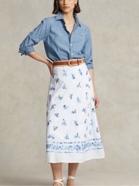 Ralph Lauren Embroidered White A line Midi Skirt Blue Floral  Feminine Romantic